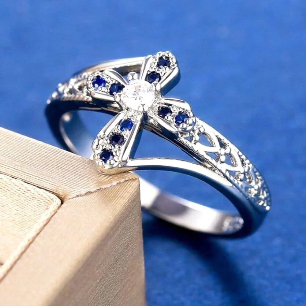 New Beautiful 925 Silver Sim. Blue Sapphire Diamond Ring